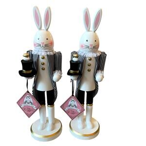 Tophat & Tail Wooden Bunny Rabbit Nutcrackers 14in Black White Set of 2 NEW